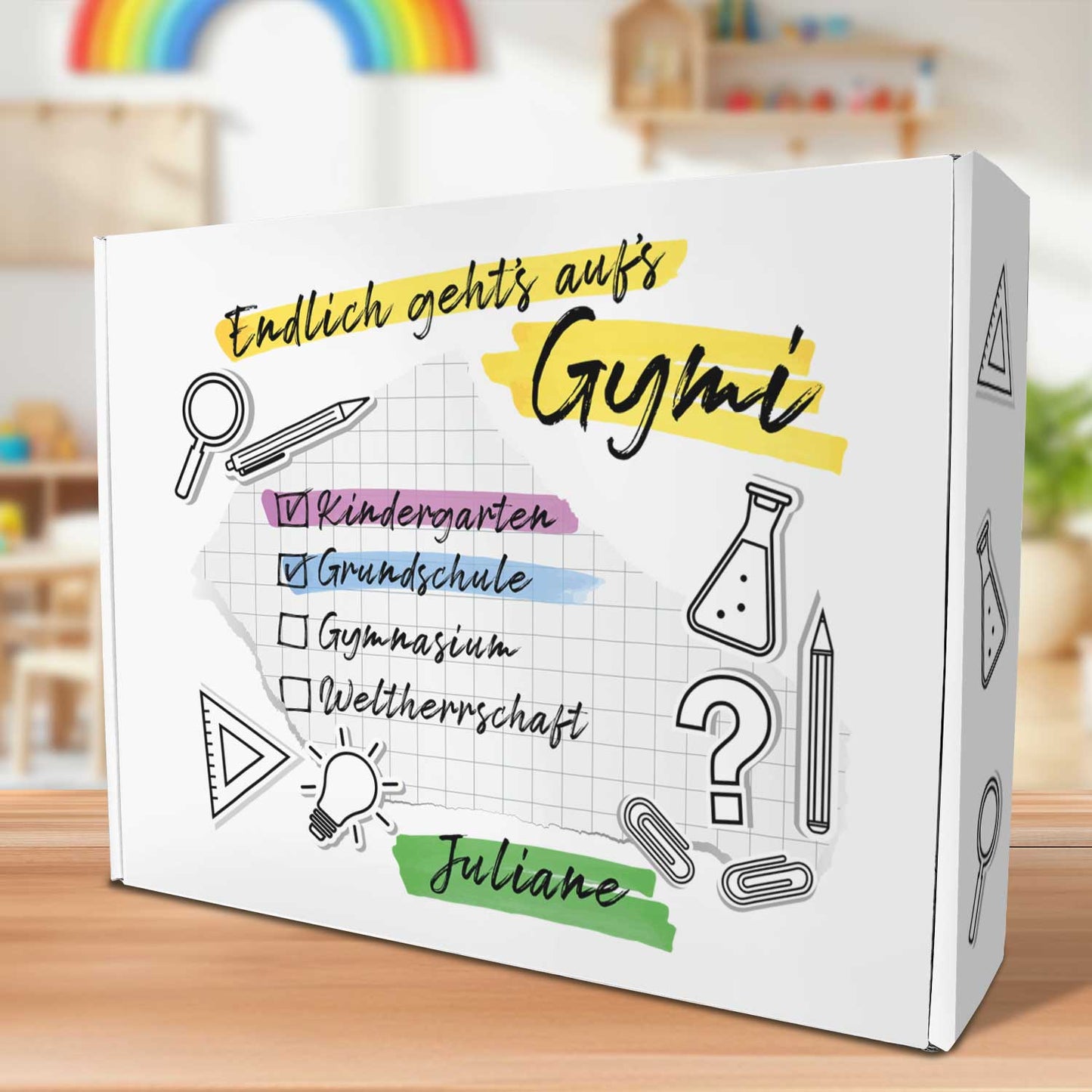 Personalisierte Geschenkbox - Endlich gehts aufs Gymi - Einschulung