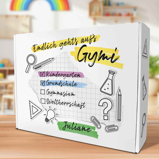 Personalisierte Geschenkbox - Endlich gehts aufs Gymi - Einschulung