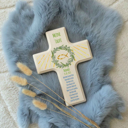 Personalisierbares Holzkreuz zur Taufe Konfirmation und Kommunion - Kranz Design