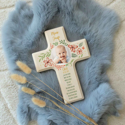 Personalisierbares Holzkreuz zur Taufe Konfirmation oder Kommunion - Mit eigenem Foto - Blumenkranz