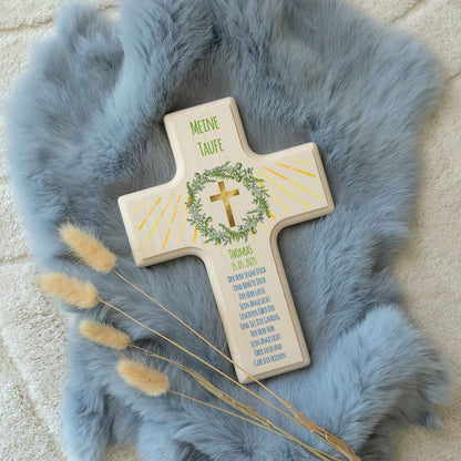 Personalisierbares Holzkreuz zur Taufe Konfirmation und Kommunion - Kranz Design