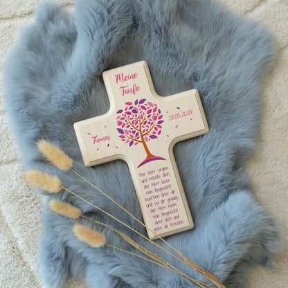 Personalisierbares Holzkreuz zur Taufe Konfirmation und Kommunion - Lebensbaum Design