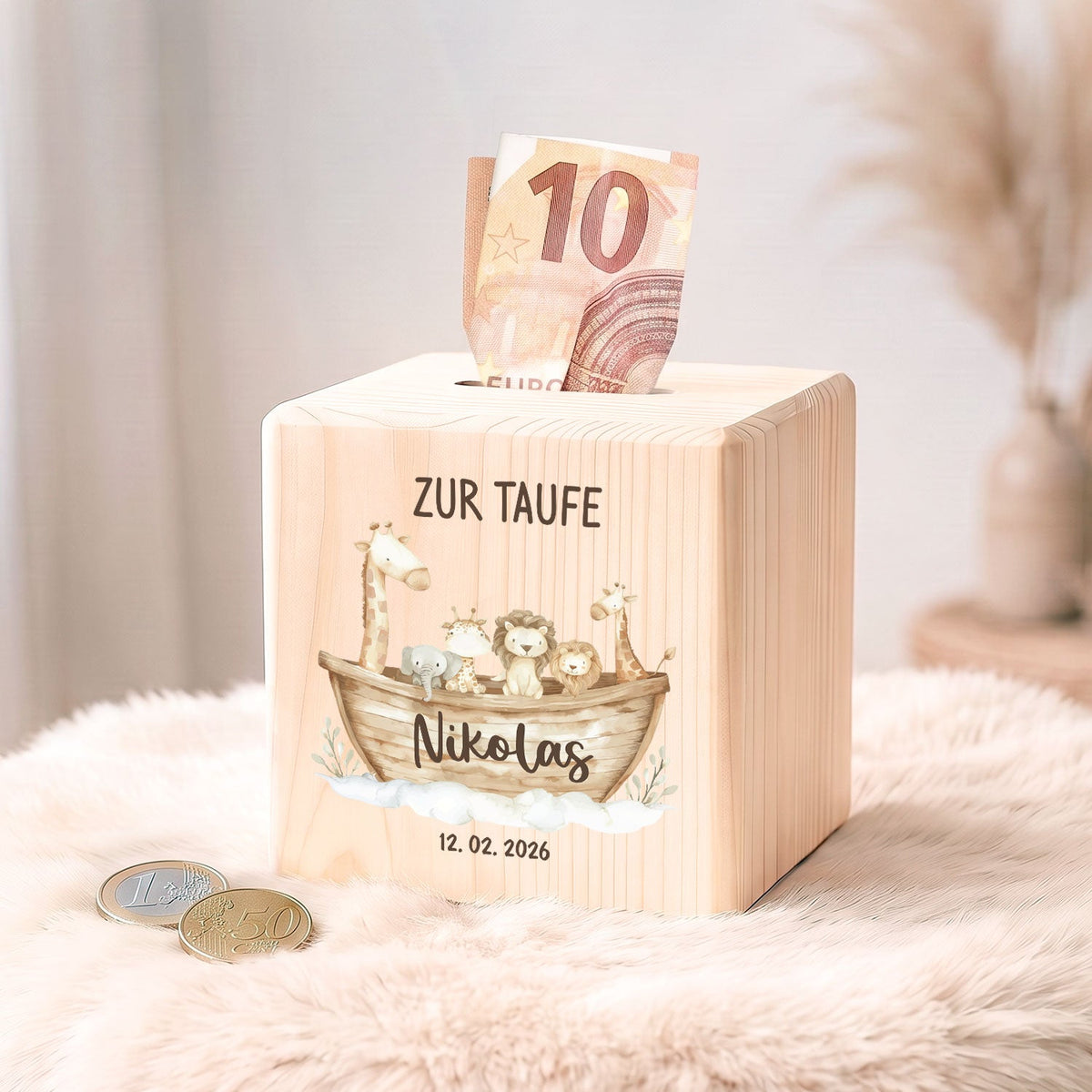 Spardose aus Holz zur Taufe - Arche