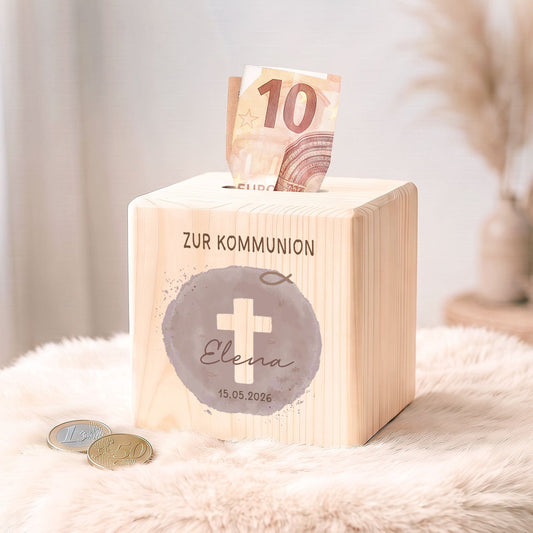 Spardose aus Holz - Farbfleck