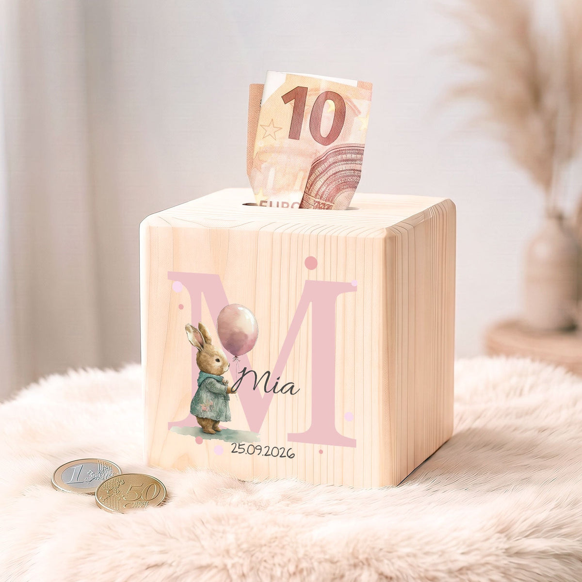 Spardose aus Holz - Initialen Tiermotive