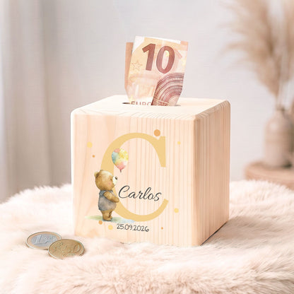 Spardose aus Holz - Initialen Tiermotive