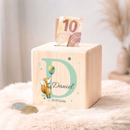 Spardose aus Holz - Initialen Tiermotive