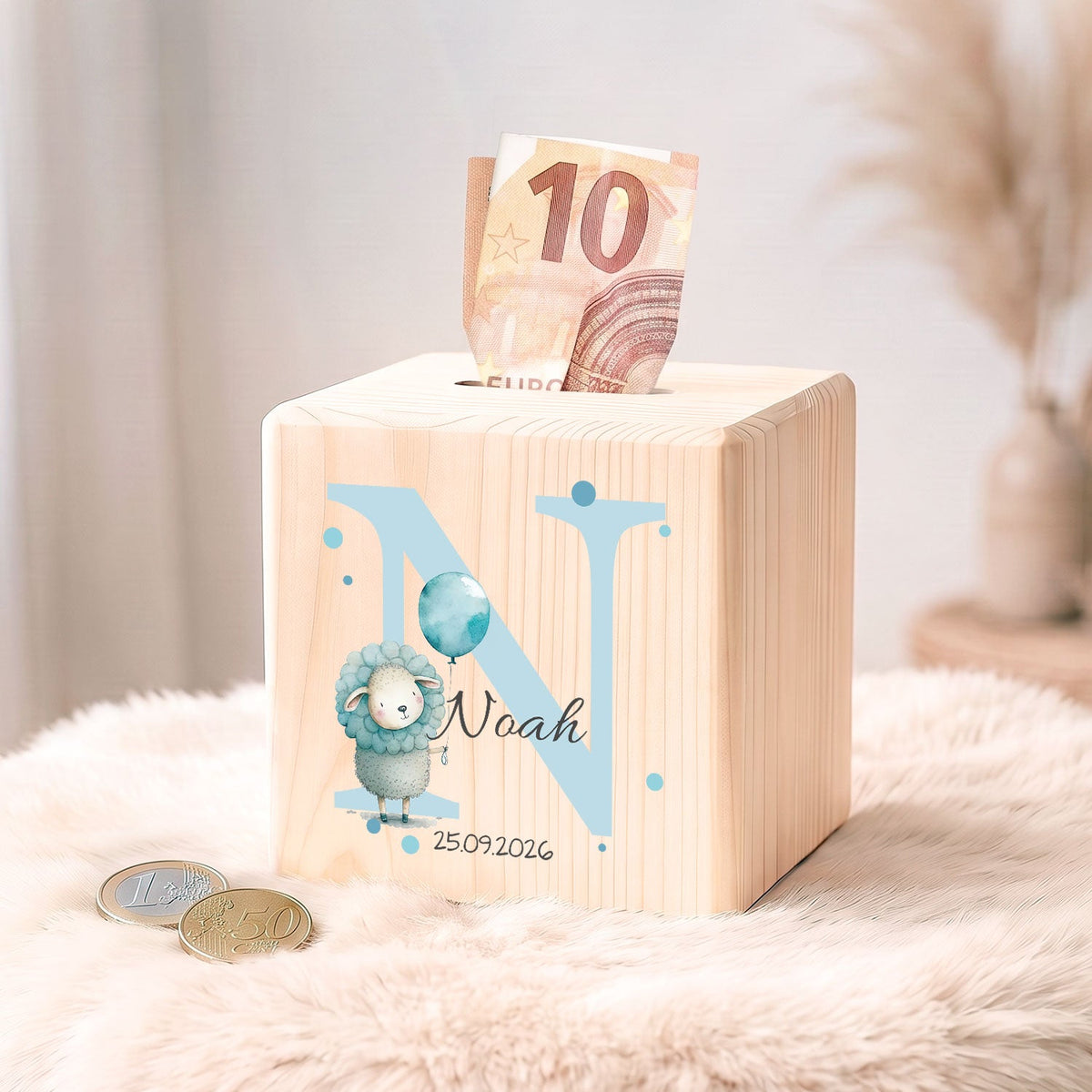 Spardose aus Holz - Initialen Tiermotive