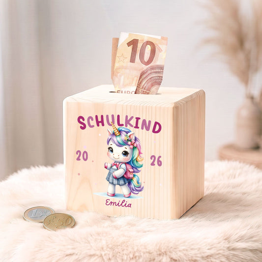 Spardose aus Holz - Schulkind