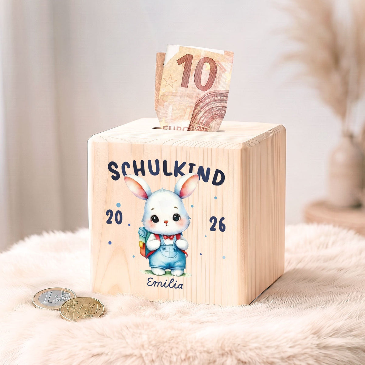 Spardose aus Holz - Schulkind