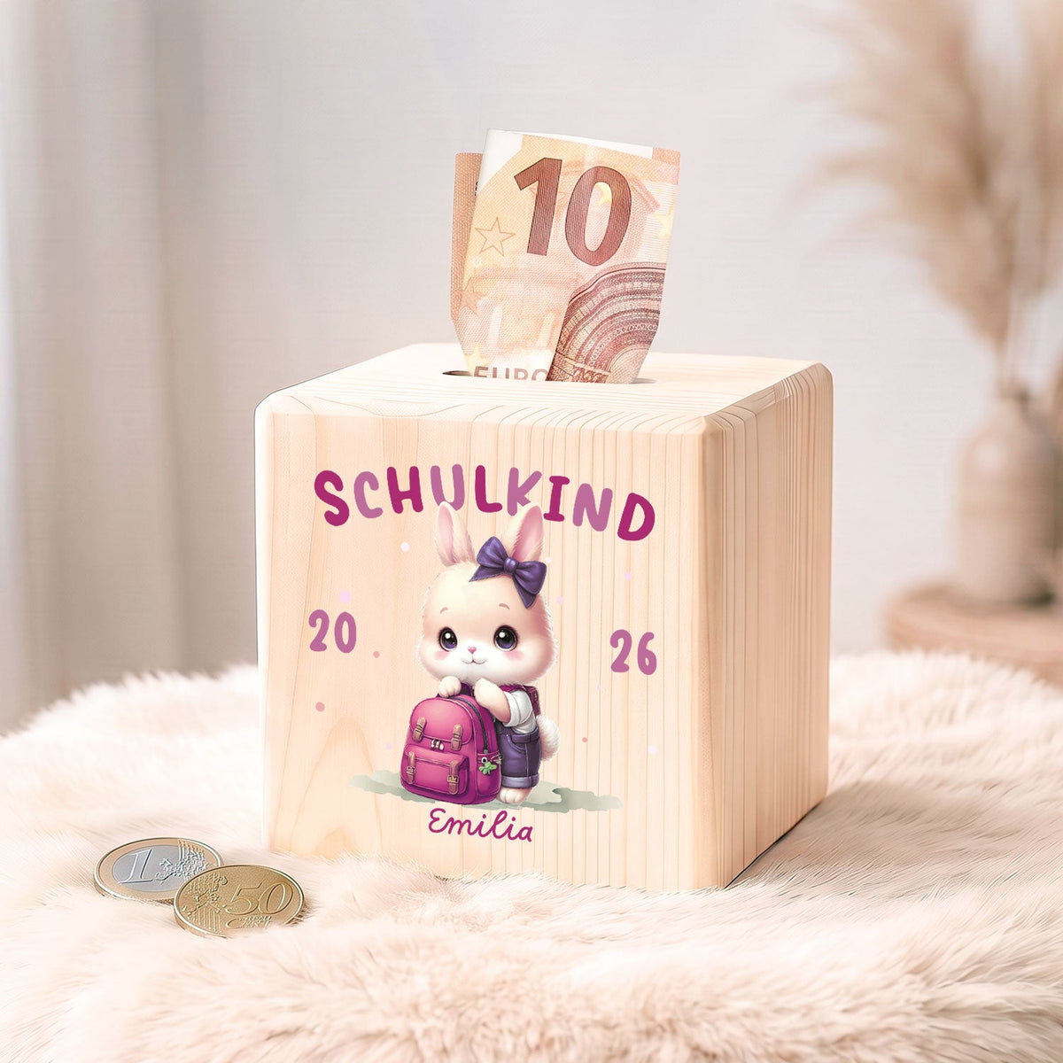 Spardose aus Holz - Schulkind