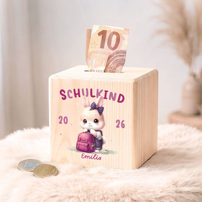 Spardose aus Holz - Schulkind
