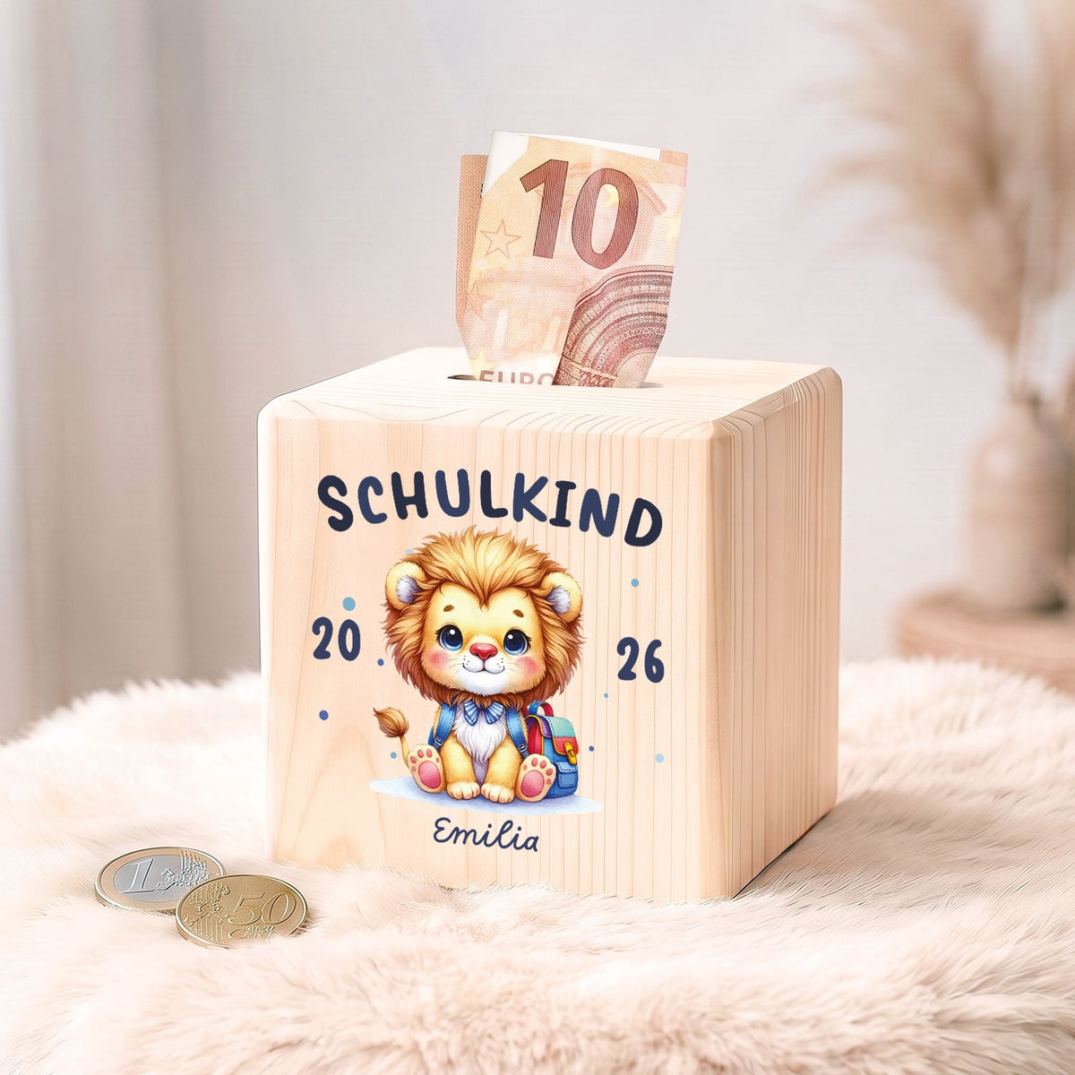 Spardose aus Holz - Schulkind