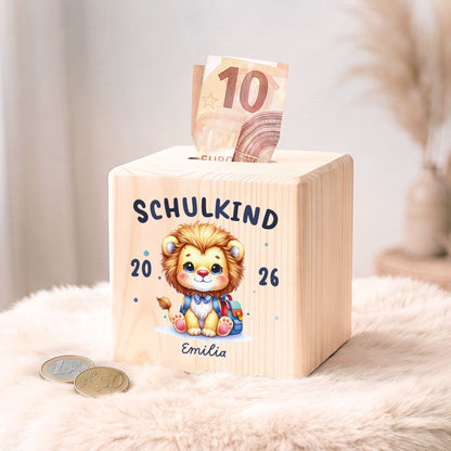 Spardose aus Holz - Schulkind