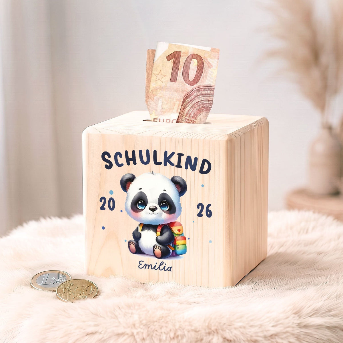 Spardose aus Holz - Schulkind
