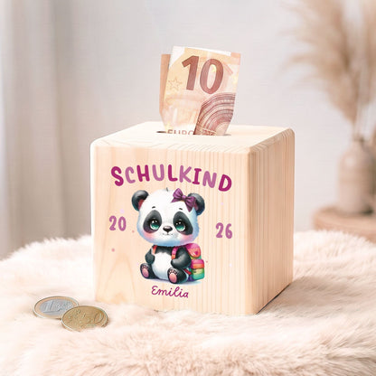 Spardose aus Holz - Schulkind