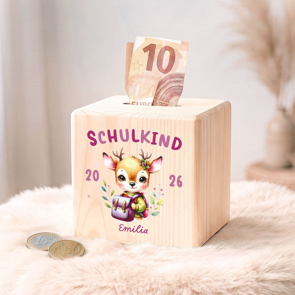Spardose aus Holz - Schulkind