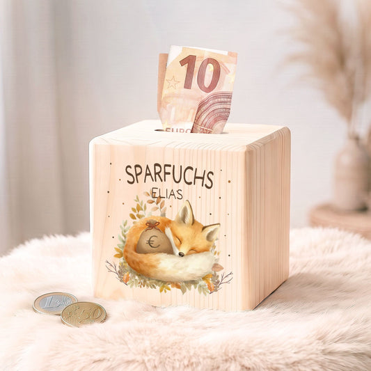 Spardose aus Holz - Sparfuchs