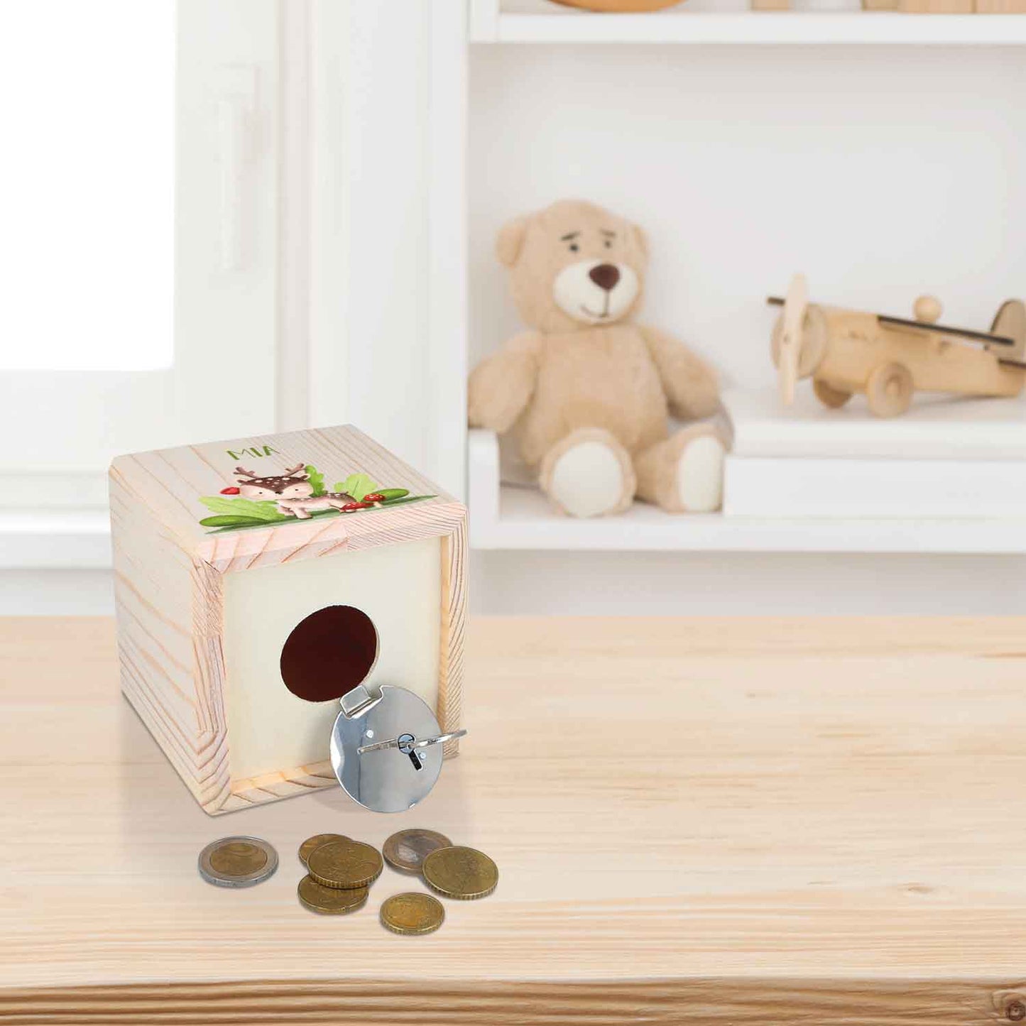 Spardose aus Holz - Waldtiere