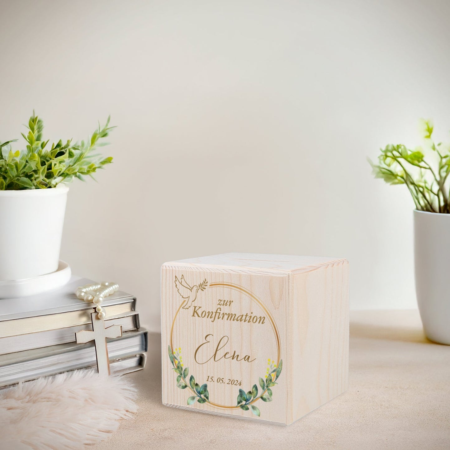 Spardose aus Holz - Taube Gold