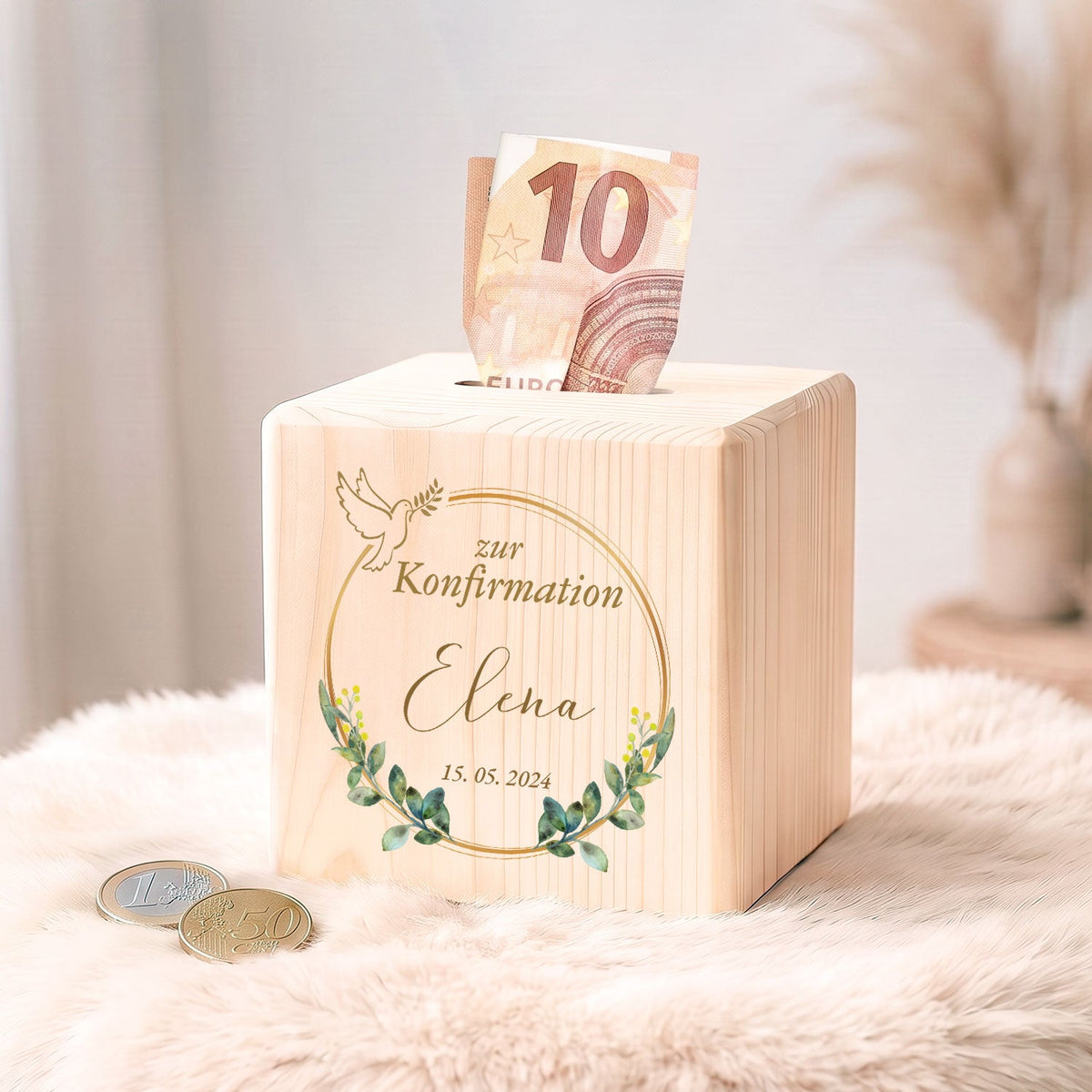 Spardose aus Holz - Taube Gold