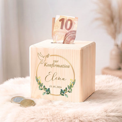 Spardose aus Holz - Taube Gold