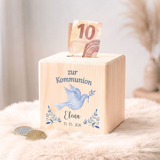 Spardose aus Holz - Taube Blau