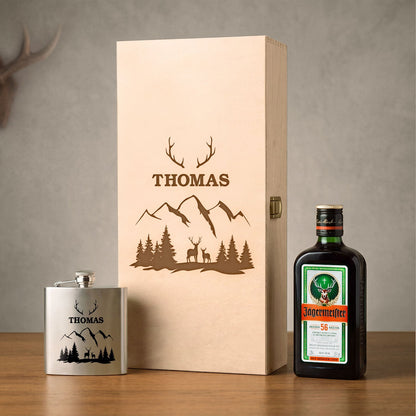Flachmann aus Edelstahl Geschenkset - personalisiert mit Jägermeister im Set