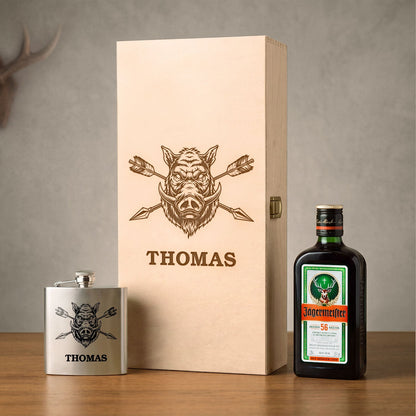 Flachmann aus Edelstahl Geschenkset - personalisiert mit Jägermeister im Set