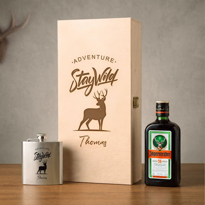 Flachmann aus Edelstahl Geschenkset - personalisiert mit Jägermeister im Set