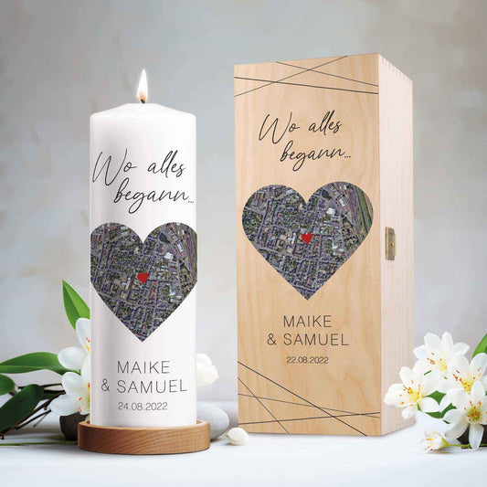 Große Kerze "Wo alles begann" - Personalisiertes Geschenk mit Namen, Datum, Ort & Wunschtext