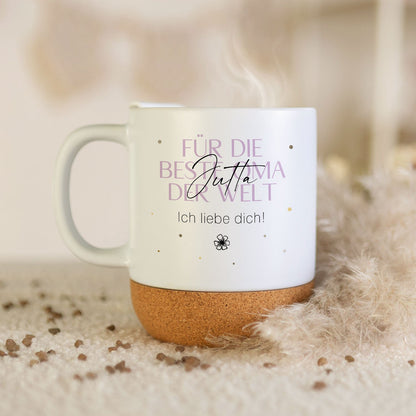 Bedruckte Tasse mit Korksockel & Deckel - Wunschtext V2