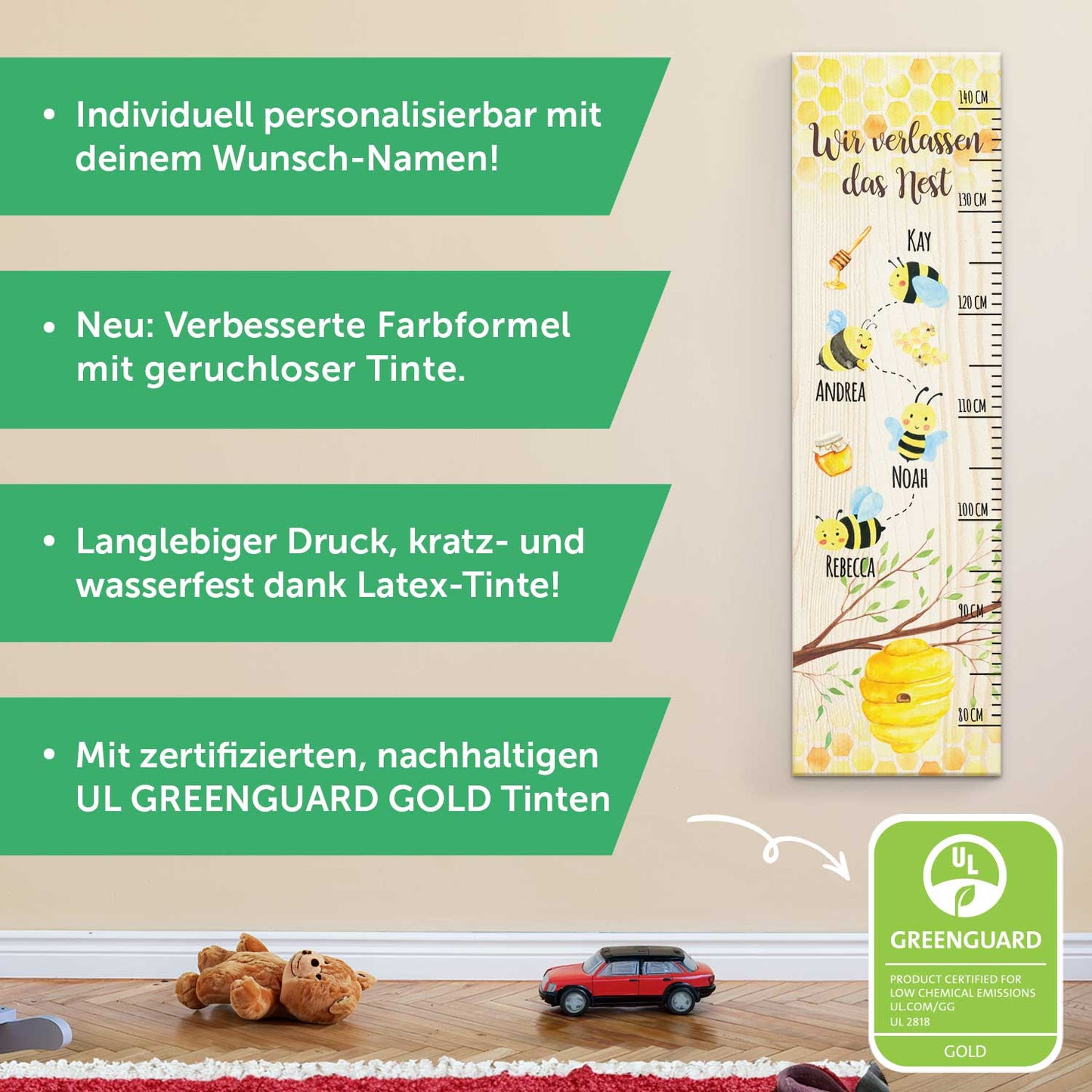 Messlatte als Abschiedsgeschenk - Bienen - mit Namen der Kinder aus Holz