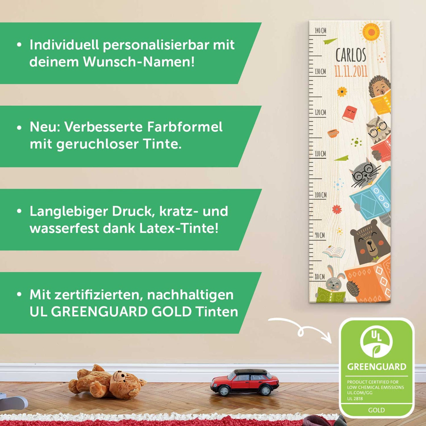 Messlatte mit Namen für Kinder im Lesetiere Design