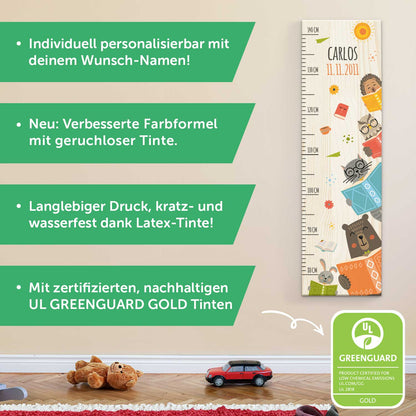 Messlatte mit Namen für Kinder im Lesetiere Design