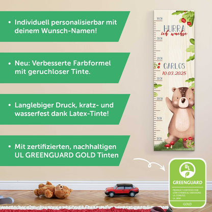 Messlatte für Kinder mit Namen aus Holz für Kinderzimmer - Tiergruppe Wald