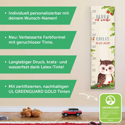 Messlatte für Kinder mit Namen aus Holz für Kinderzimmer - Tiergruppe Wald