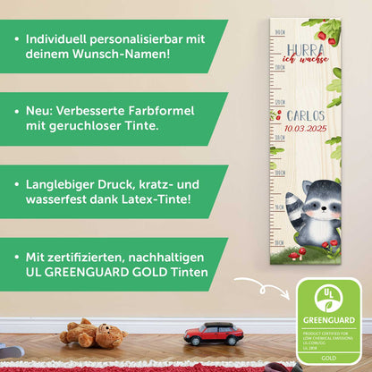 Messlatte für Kinder mit Namen aus Holz für Kinderzimmer - Tiergruppe Wald