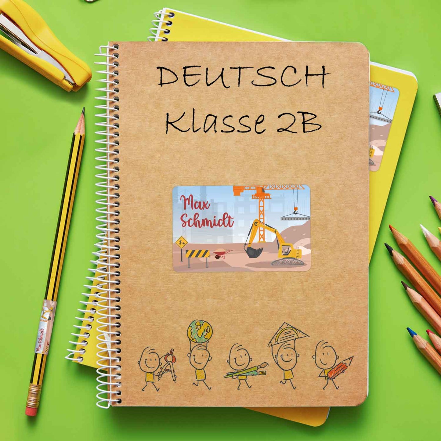 Schuletiketten mit Namen - Baustelle Design - 100 Aufkleber in verschiedenen Größen