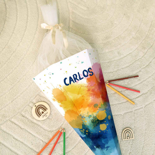 Bedruckte Schultüte mit Namen - Color Splash