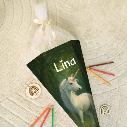 Bedruckte Schultüte mit Namen - Einhorn Wald