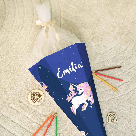 Bedruckte Schultüte mit Namen - Einhorn