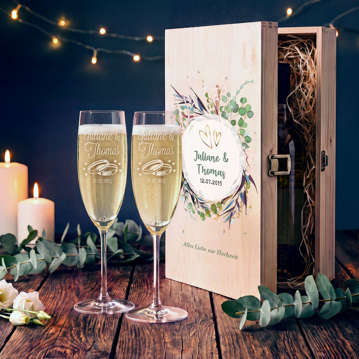 Leonardo Sektgläser mit Gravur als Set - "Flower Wedding" Design inkl. bedruckter Holzkiste