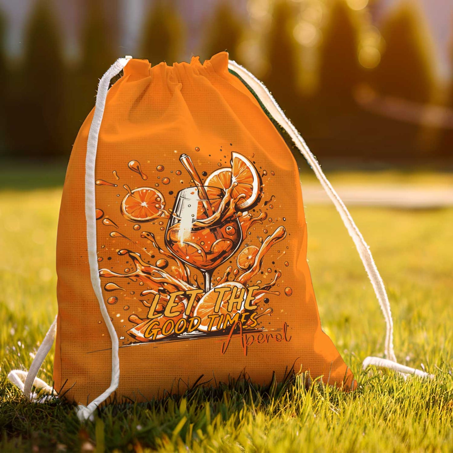 Farbiger Turnbeutel mit DTF-Druck - Let the good Times Aperol