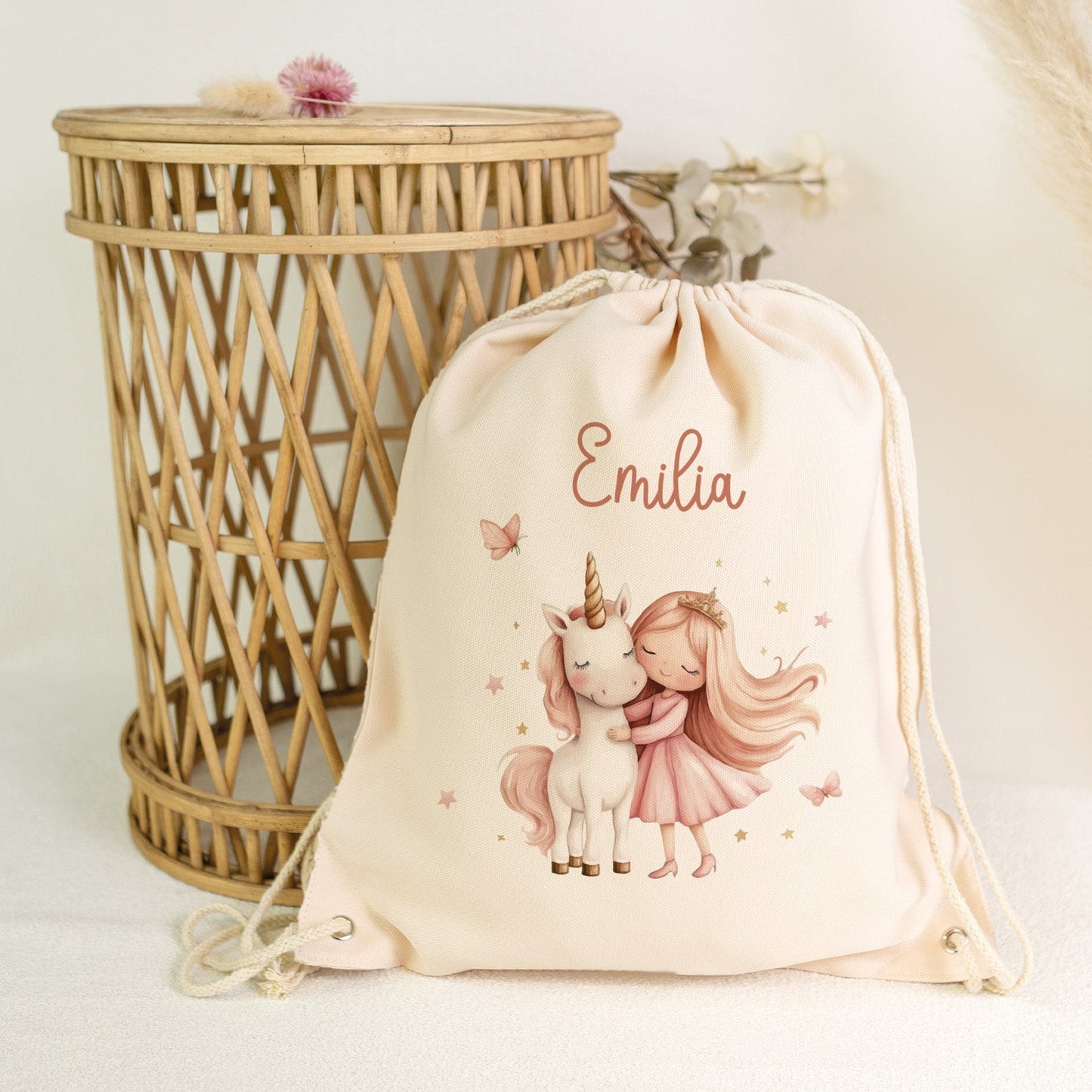 Turnbeutel mit Kindermotiv  - Prinzessin & Einhorn - für Kinder