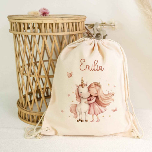Turnbeutel mit Kindermotiv  - Prinzessin & Einhorn - für Kinder