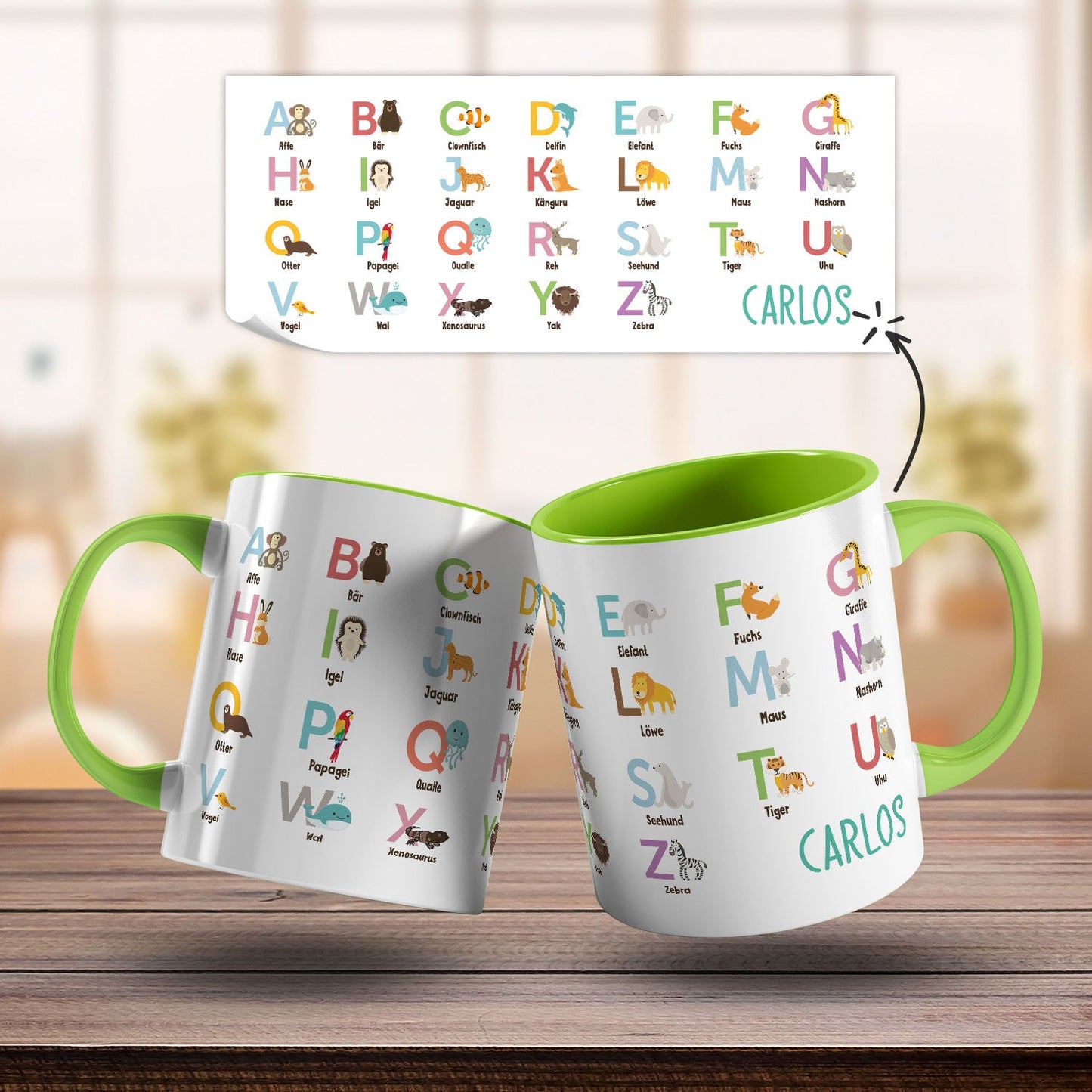 Bedruckte Tasse - ABC Tiere - Geschenk zur Einschulung