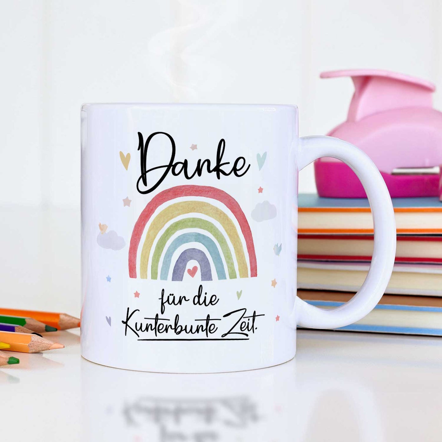 Bedruckte Tasse mit Spruch "Danke für die Kunterbunte Zeit"