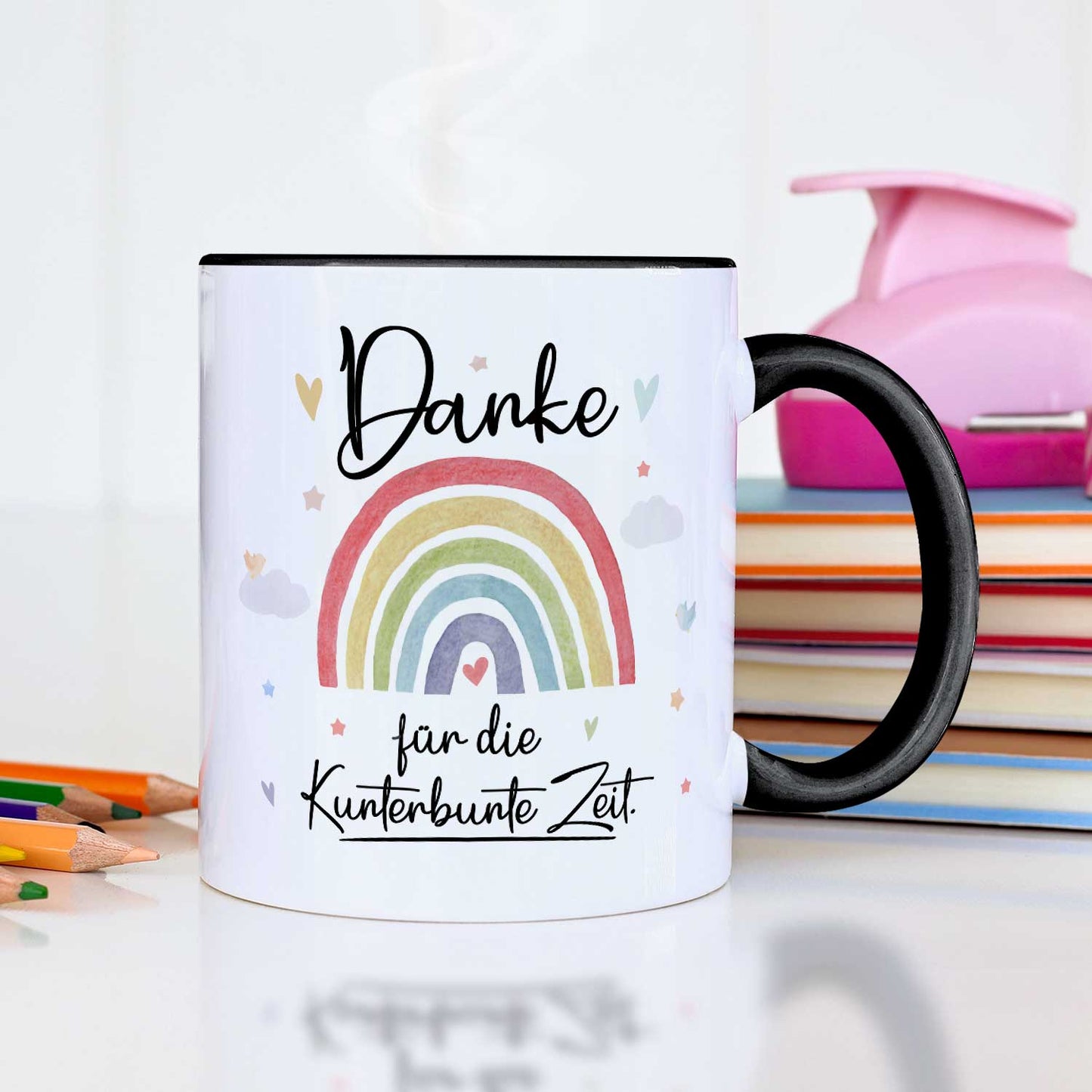 Bedruckte Tasse mit Spruch "Danke für die Kunterbunte Zeit"
