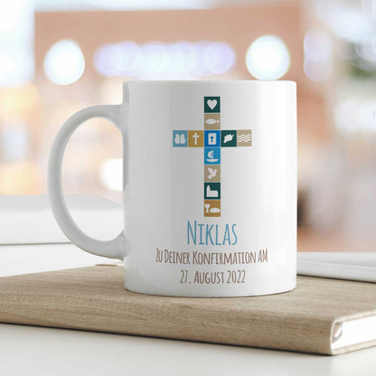 Bedruckte Tasse mit Motiv - Zur Konfirmation V2 mit Name & Datum